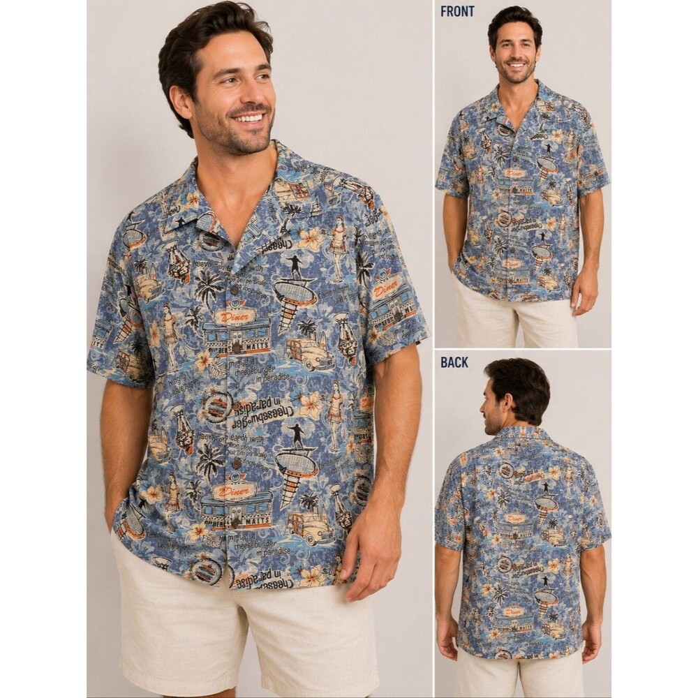 Margaritaville Hawaiian Shirt Blue Silk Short Sleeve Diner Girl XL Tropical Beac